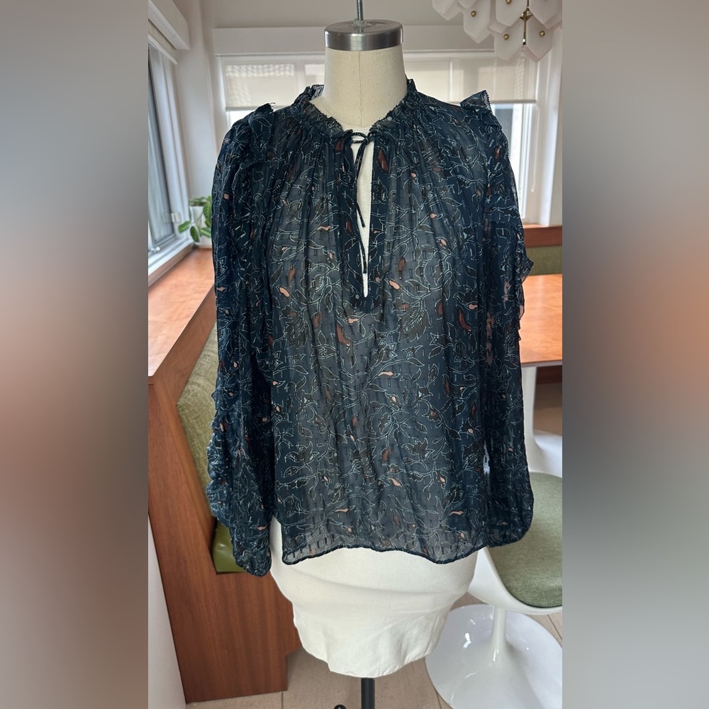 Ulla Johnson Blue Relaxed Pleated Long Sleeve Blouse